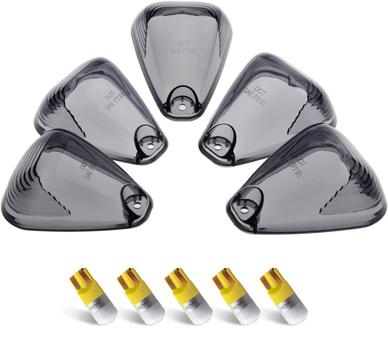 HERCOO Set of 5 Smoke Roof Cab Lens w/Amber LED Lights for Ford F150 F250 F350 F450 F550 Super Duty