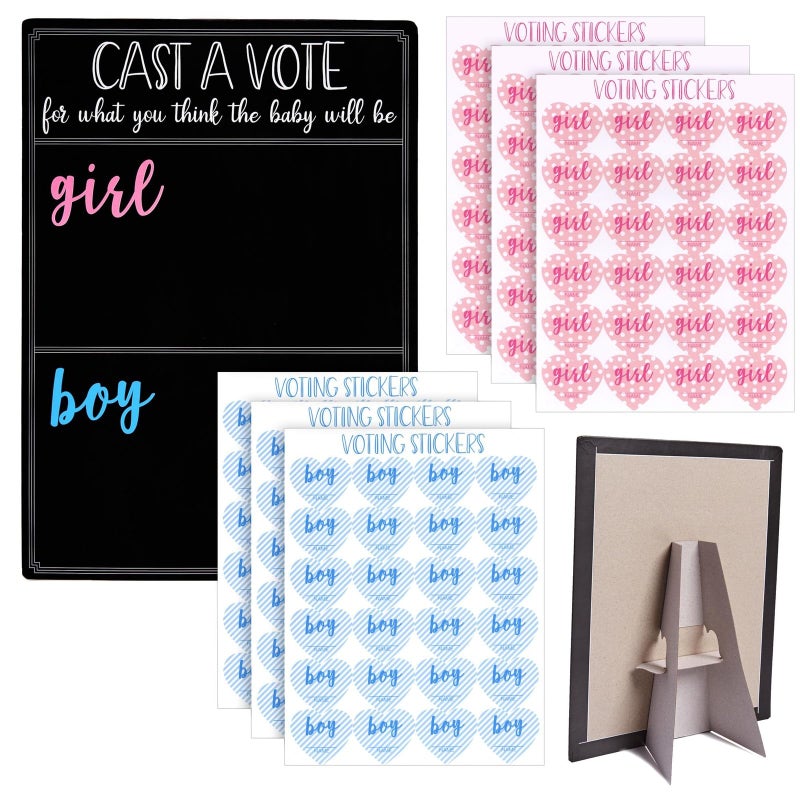 Juvale Gender Reveal Decorations for Baby Shower Games with 144 Girl or Boy Voting Stickers and Cast Your Vote Sign with Stand (Chalkboard Design, 12 x 17 in) - Image 1