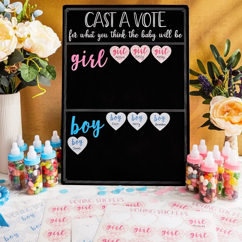 Juvale Gender Reveal Decorations for Baby Shower Games with 144 Girl or Boy Voting Stickers and Cast Your Vote Sign with Stand (Chalkboard Design, 12 x 17 in) - Image 2