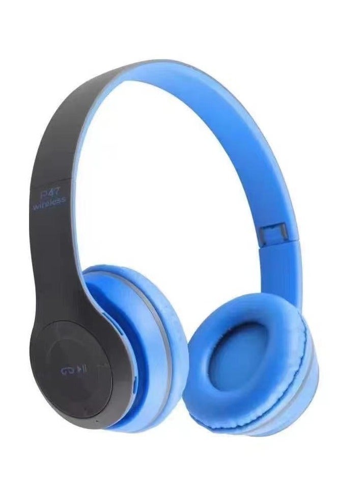 New Head-mounted Bluetooth Headphones Stereo Subwoofer Foldable Headphones Wireless Bluetooth Sports Headphones (Blue)  - Image 1