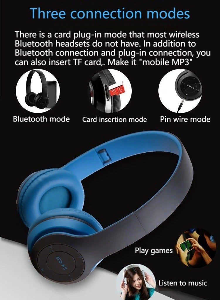 New Head-mounted Bluetooth Headphones Stereo Subwoofer Foldable Headphones Wireless Bluetooth Sports Headphones (Blue)  - Image 2