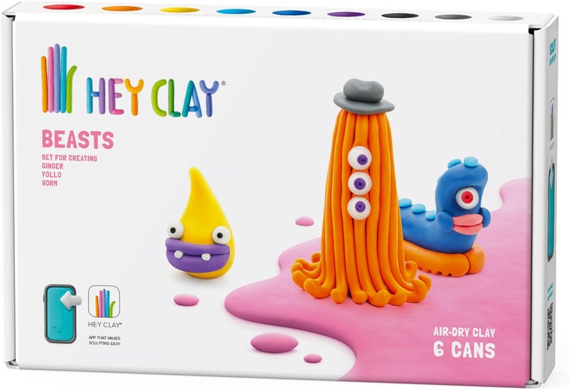 HEY CLAY -DIY Beasts: Worm, Ginger, Drop Plastic Creative Modelling Air-Dry Clay For Kids 6 Cans - Image 1