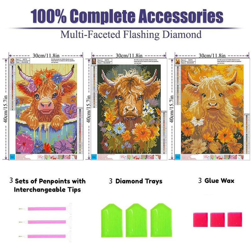 OFRKE Diamond Painting Kits for Adults,3 Pack Highland Cow Diamond Art for Beginners, Diamond Round 5D Full Drill Paint with Diamonds Pictures Gem Art Painting Kits DIY Crafts Kits 12x16inch - Image 3