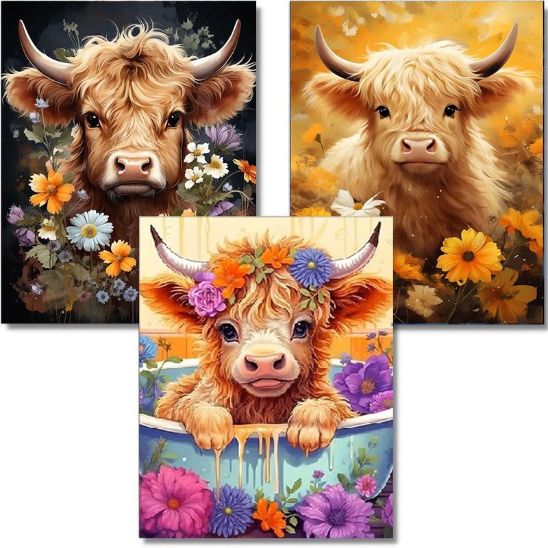 OFRKE Diamond Painting Kits for Adults,3 Pack Highland Cow Diamond Art for Beginners, Diamond Round 5D Full Drill Paint with Diamonds Pictures Gem Art Painting Kits DIY Crafts Kits 12x16inch - Image 1