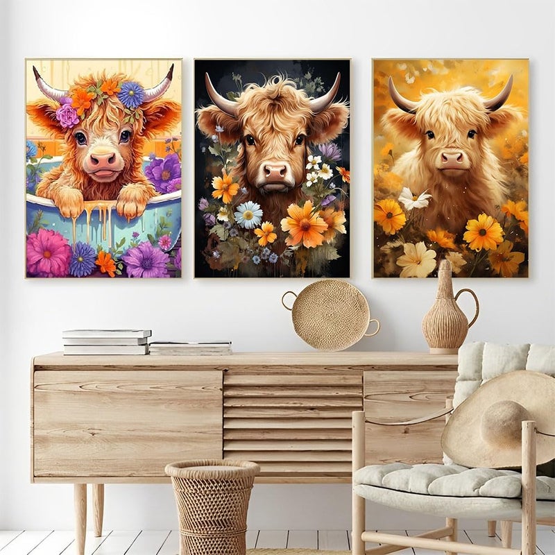 OFRKE Diamond Painting Kits for Adults,3 Pack Highland Cow Diamond Art for Beginners, Diamond Round 5D Full Drill Paint with Diamonds Pictures Gem Art Painting Kits DIY Crafts Kits 12x16inch - Image 2