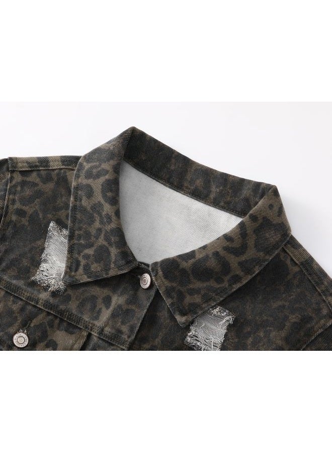 Kedera Denim Jacket for Women Leopard Print Ripped Distressed Jean Button-up Front Bomber Jacket - Image 4