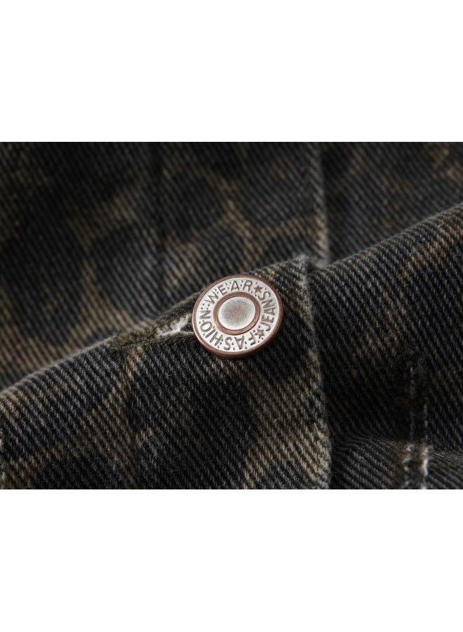 Kedera Denim Jacket for Women Leopard Print Ripped Distressed Jean Button-up Front Bomber Jacket - Image 2