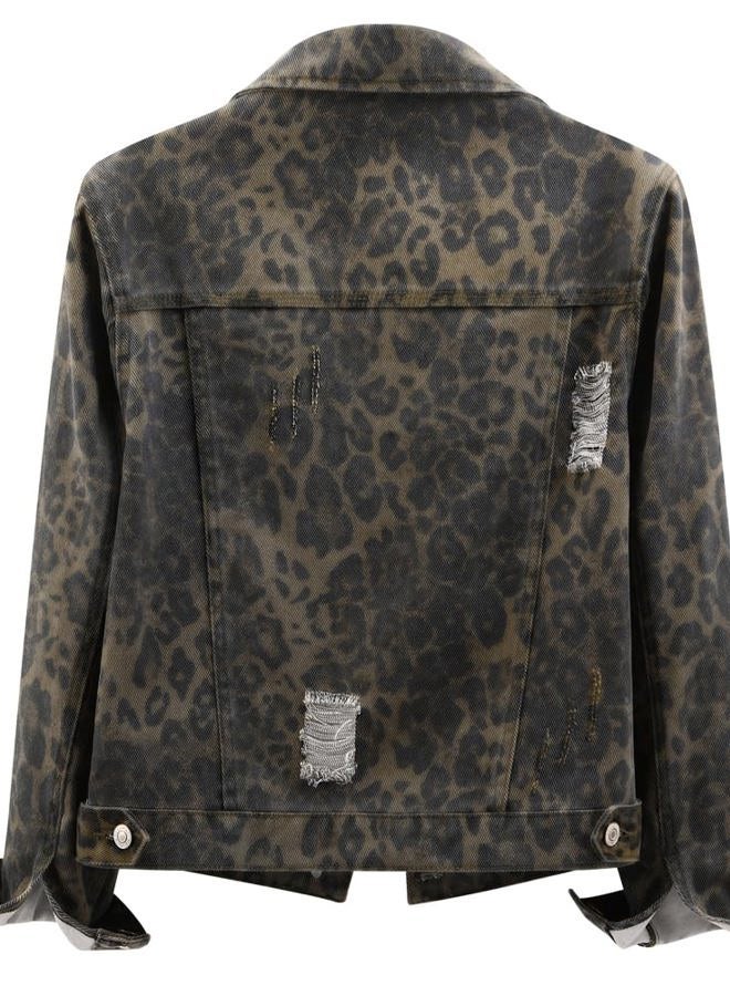 Kedera Denim Jacket for Women Leopard Print Ripped Distressed Jean Button-up Front Bomber Jacket - Image 3