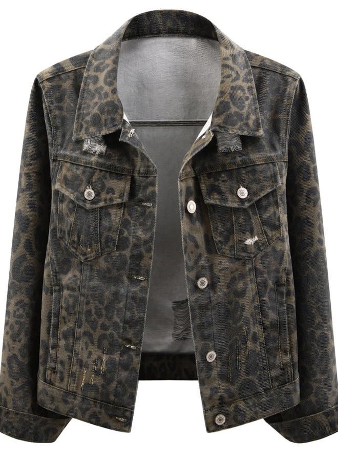 Kedera Denim Jacket for Women Leopard Print Ripped Distressed Jean Button-up Front Bomber Jacket - Image 1