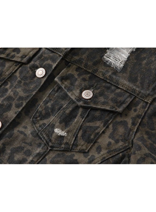 Kedera Denim Jacket for Women Leopard Print Ripped Distressed Jean Button-up Front Bomber Jacket - Image 5