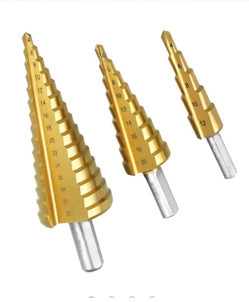 WORK ZONE Titanium Gold Step Pyramid Bit Set, 3 Pieces, 4-32 mm, for Metal and Wood - Image 1