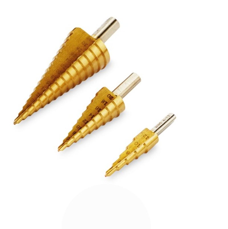 WORK ZONE Titanium Gold Step Pyramid Bit Set, 3 Pieces, 4-32 mm, for Metal and Wood - Image 2