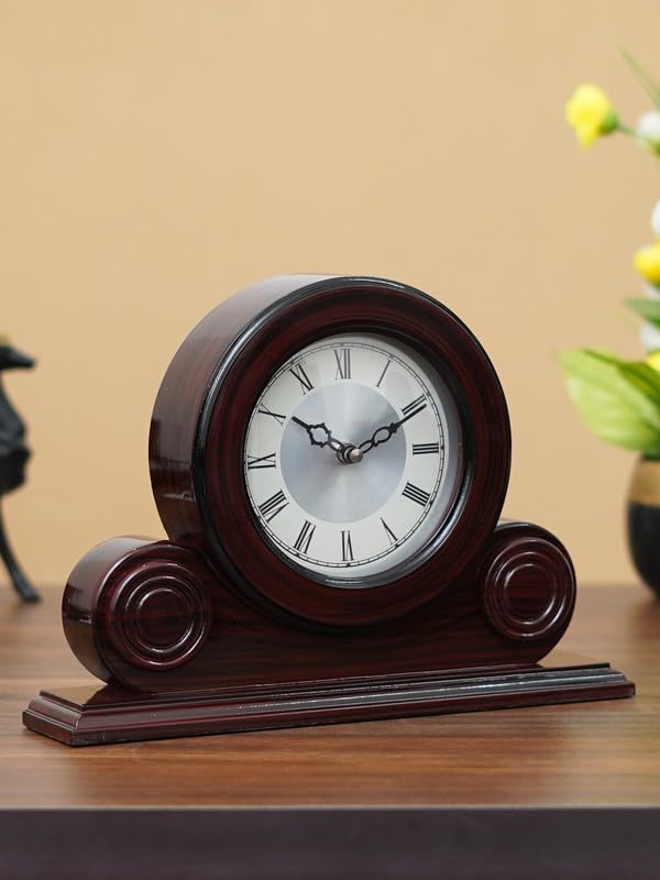 CHRONIKLE Beautiful Rosewood Color Wooden Roman Numbers Round Silver Color Dial Analog Desk Clock for Office Desk Home Living Study Room Gifts Size 22 x 7 x 32 CM Weight 1275 Gram