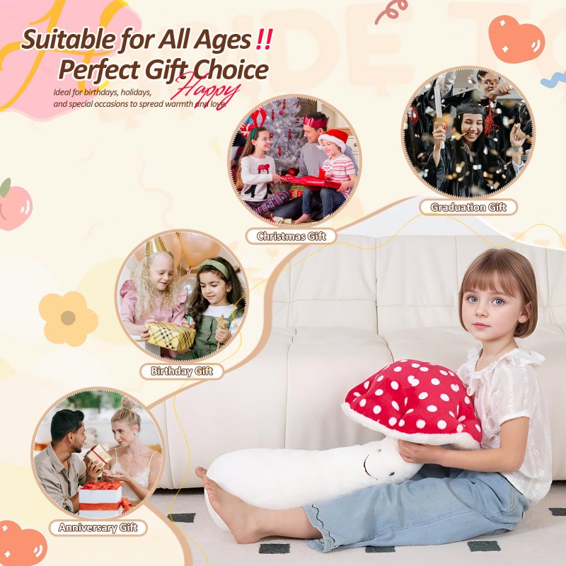 mmguai 28 '' كبير الفطر أفخم وسادة الفطر الأحمر على شكل حيوان محشو وسادة طويلة لعبة لينة كبيرة Plushies هدية للأطفال صبي الفتيات عيد ميلاد أريكة ديكور المنزل - Image 4