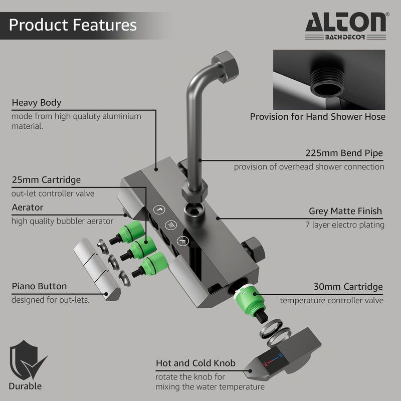 ALTON ALM35025 Modern 3IN1 Wall Mixer For Bathroom With 225mm Lbend Set Bathroom Shower System Shower Mixer For Bathroom with Handy Storage Space for Essentials Mixer Tap For Bathroom Grey - Image 4