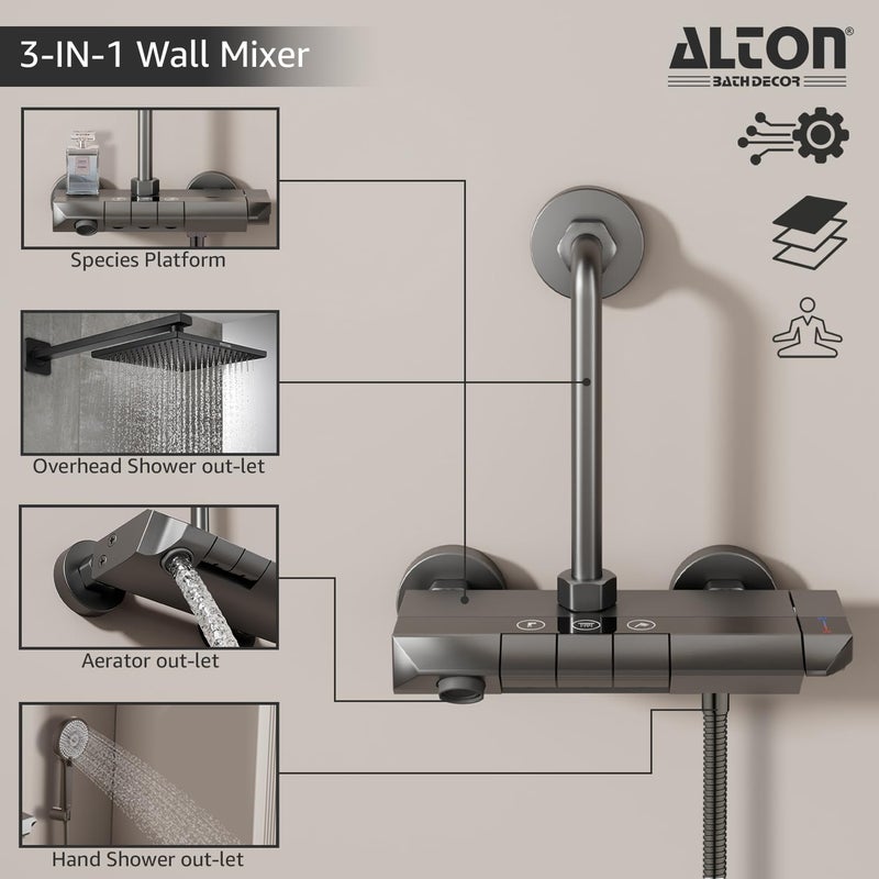 ALTON ALM35025 Modern 3IN1 Wall Mixer For Bathroom With 225mm Lbend Set Bathroom Shower System Shower Mixer For Bathroom with Handy Storage Space for Essentials Mixer Tap For Bathroom Grey - Image 2