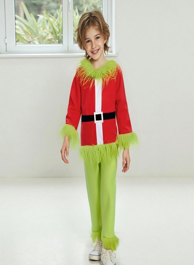 Socutebabe طقم ملابس عيد الميلاد للأطفال الصغار من Socutebabe، زي تنكري أخضر فروي للأولاد والبنات، طقم ملابس وبنطلون متطابق لشخصية سانتا كلوز (أخضر وأحمر، 4-5 سنوات) - Image 3