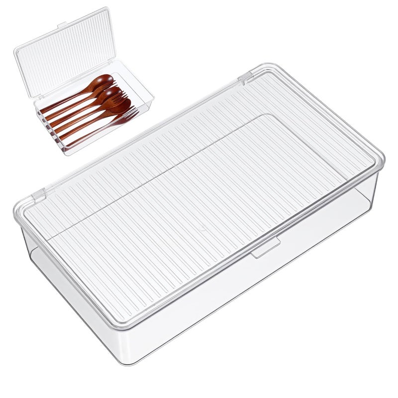 Hemoton Clear Plastic Storage Bin with Lid Small Silverware Organizer with Cover Transparent Kitchen Utensil Drawer Tray for RV Countertop Flatware - Image 2