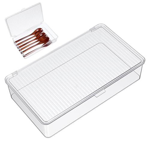 Hemoton Clear Plastic Storage Bin with Lid Small Silverware Organizer with Cover Transparent Kitchen Utensil Drawer Tray for RV Countertop Flatware - Image 1