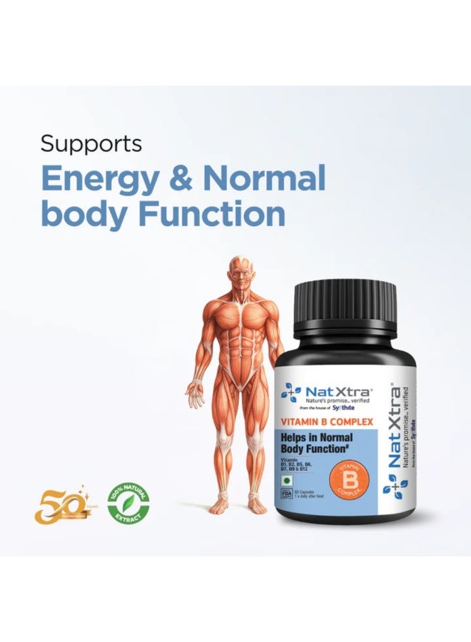 Natxtra Vitamin B Complex | B1–B12 for Energy, Metabolism & Nerve Support | 60 Capsules - Image 2