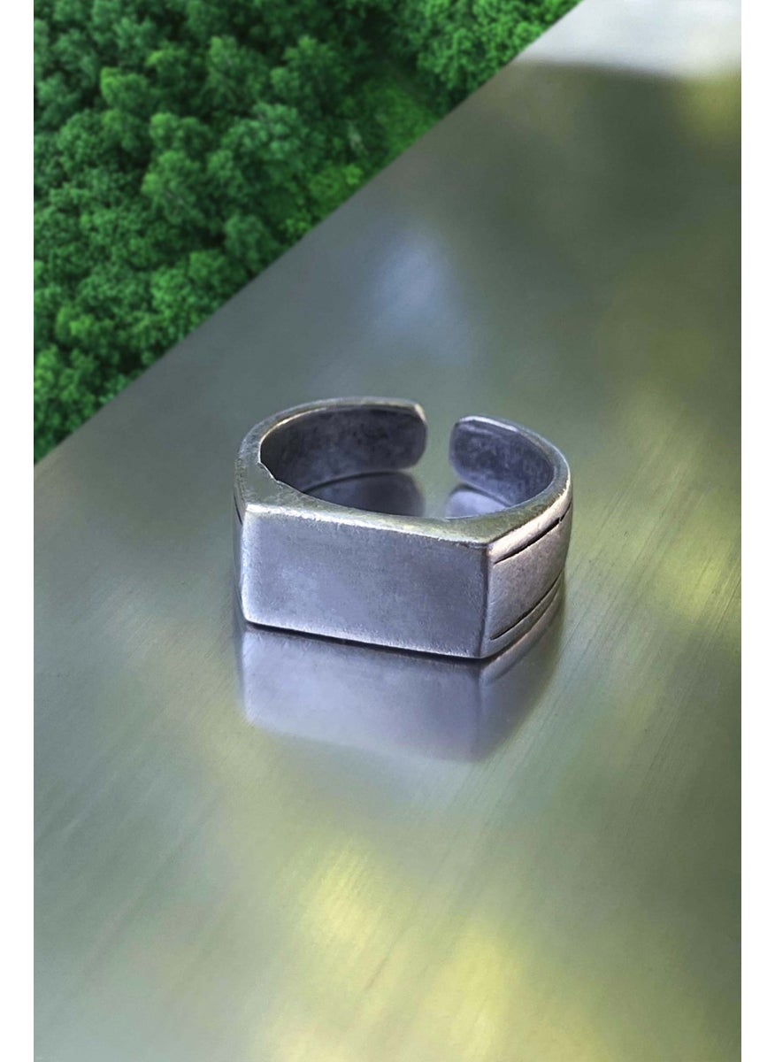 The Collection - Men's Silver Plated Rectangular Knight Model Adjustable Ring - Image 1