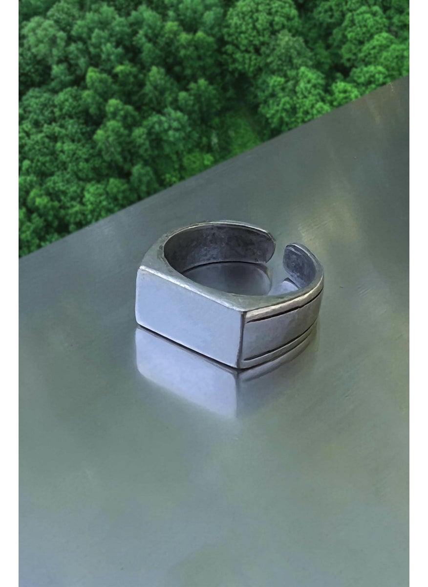 The Collection - Men's Silver Plated Rectangular Knight Model Adjustable Ring - Image 1