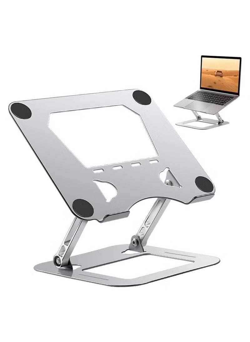 Raxoom Adjustable Aluminum Laptop Stand – Foldable Ergonomic Riser with Ventilated Design for Cooling – Lightweight, Portable, Height Adjustable Laptop Holder for Desk, Bed & Travel – Silver - Image 1
