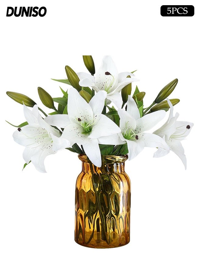 DUNISO 5 قطع زهور صناعية، زهور زنبق صناعية، ترتيب زهور بيضاء مزيفة مناسب لتزيين المنزل والمكتب، مركز طاولة الطعام (بدون مزهرية) - Image 1