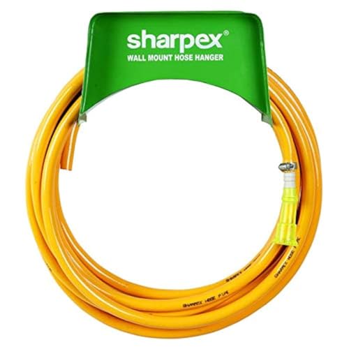 Sharpex Combo Of Hose Hanger And Hose Pipe For Garden, Car Bike Washing, Indoor Outdoor use, Hotel and Backyard - Heavy Duty Yellow Hose Water Pipe 30 Meter 0.5 Inch with Green Wall Mount Hose Hanger - Image 1