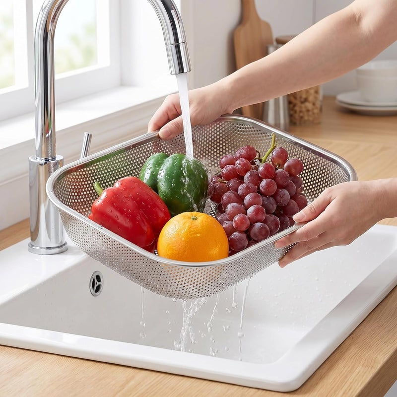 Cedilis 2 Pack Large Stainless Steel Colander Strainer, 6 Quart Mesh Vegetable Washing Basket, Rectangle Drainer Sink Basket for Vegetable Fruit Food (15" x 11" x 2.6") - Image 5