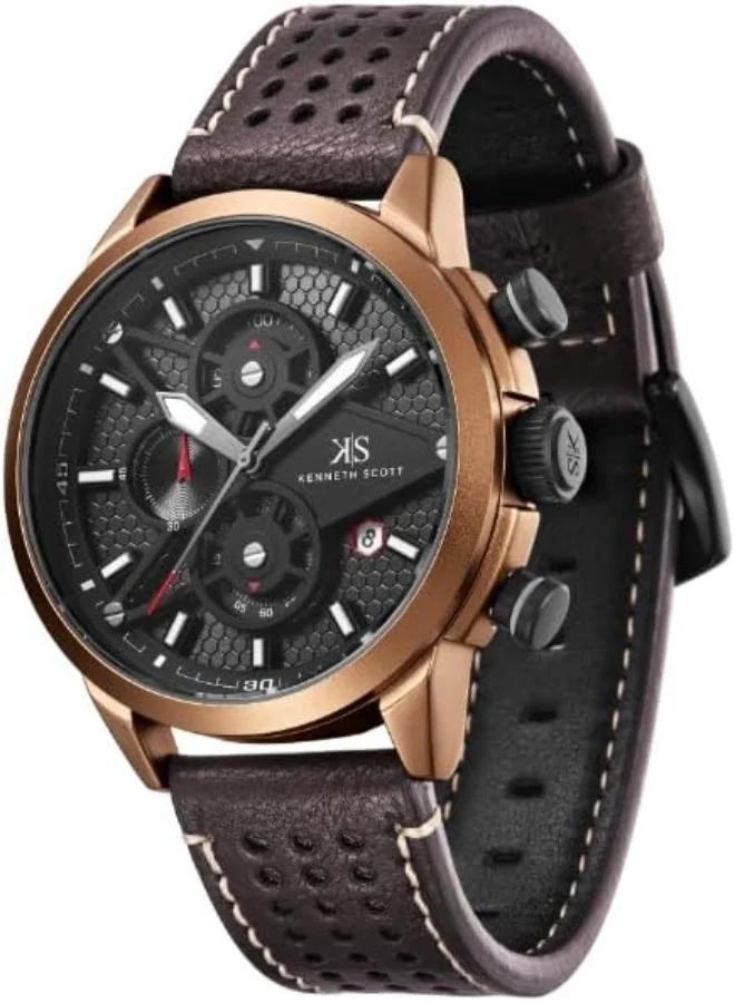 كينيث سكوت Kenneth Scott Men's Watch, Chronograph Display and PU Strap - K25108-DLDB, Brown