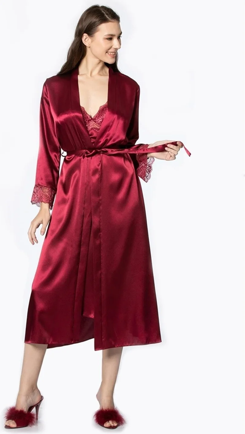 بيير كاردان 4370 Women's Satin Nightgown Dressing Gown Set-Burgundy