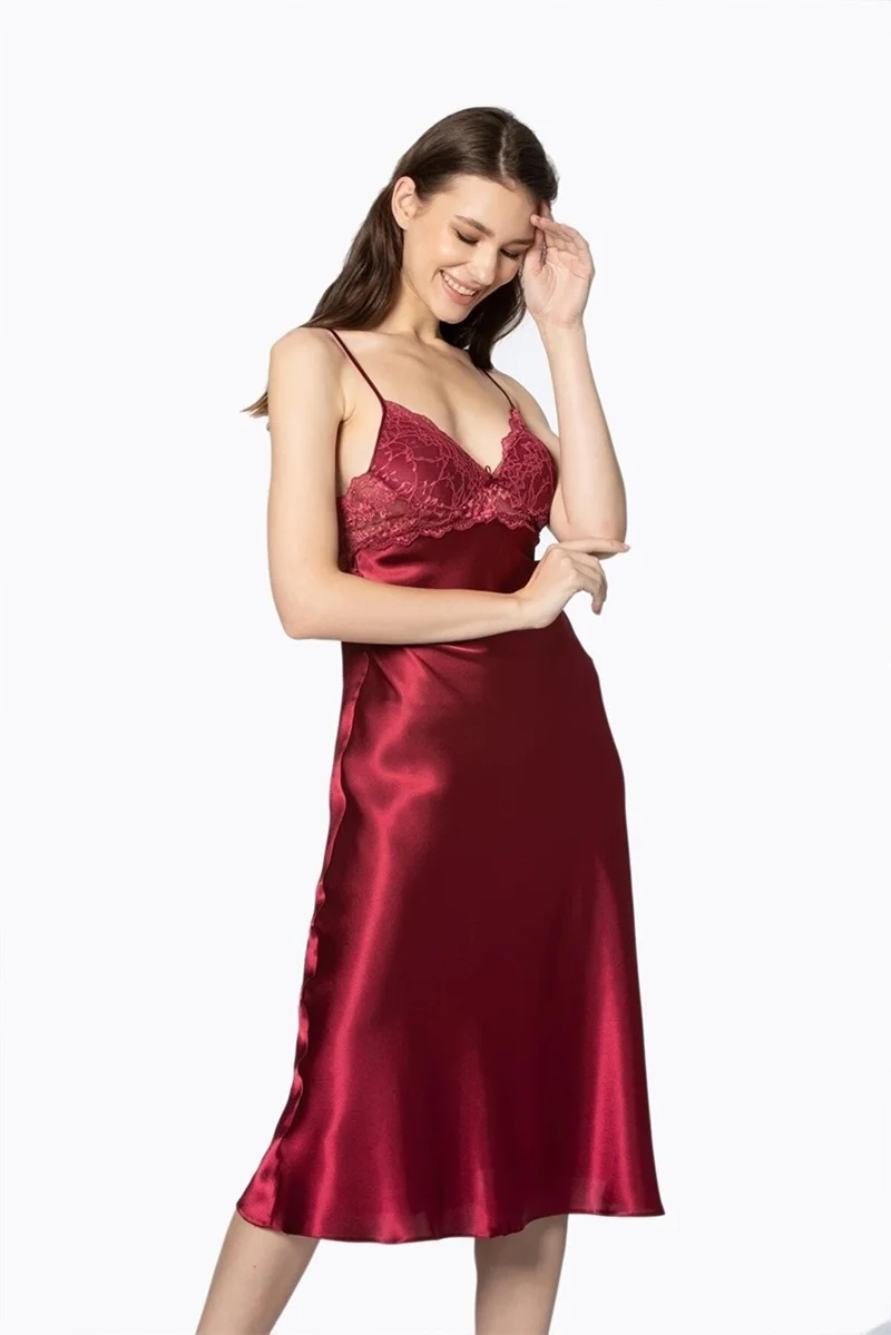 بيير كاردان 4370 Women's Satin Nightgown Dressing Gown Set-Burgundy