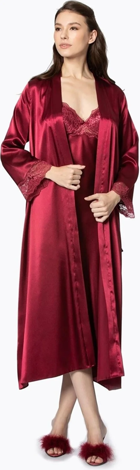 بيير كاردان 4370 Women's Satin Nightgown Dressing Gown Set-Burgundy