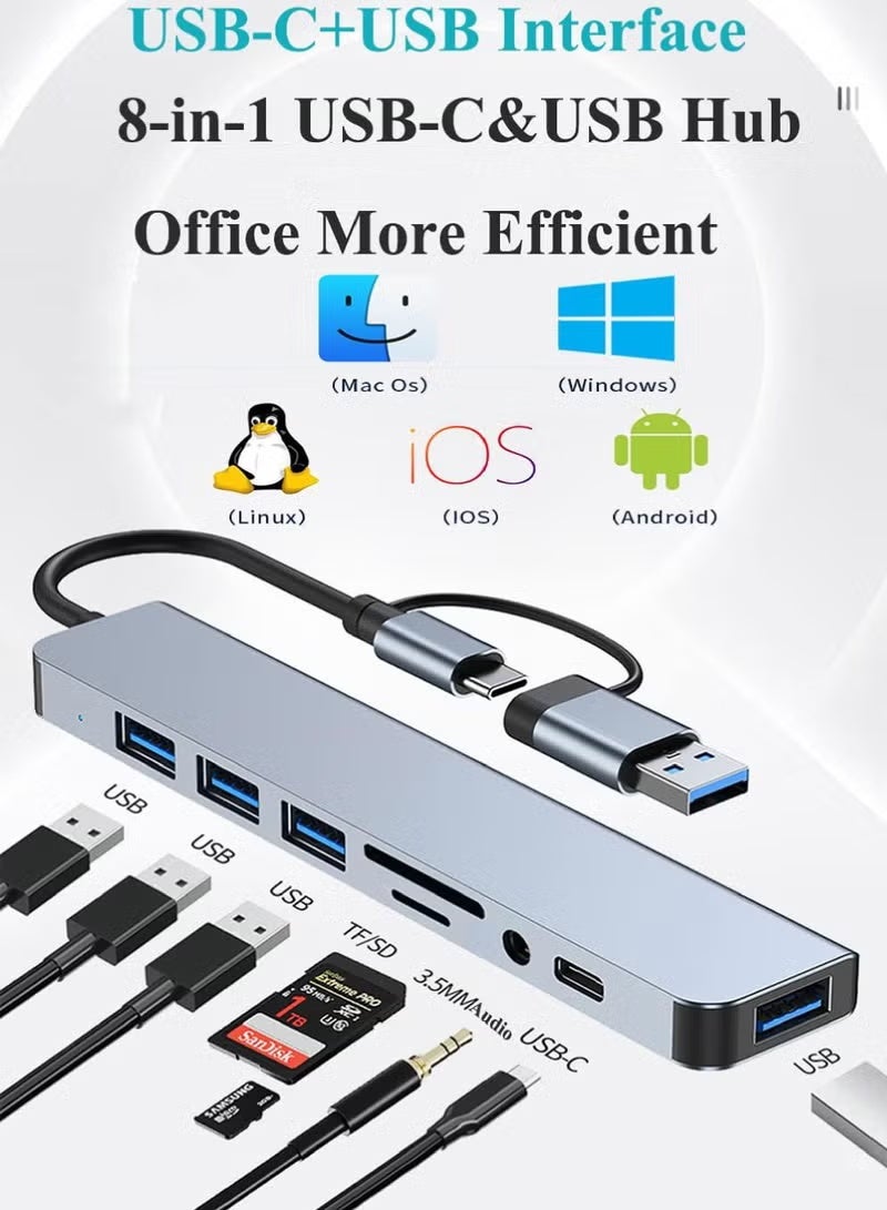 USB C Hub 8 in 1 Type C Adapter USB Splitter Extender with USB A Male to USB C Female USB 3.0 - Image 3