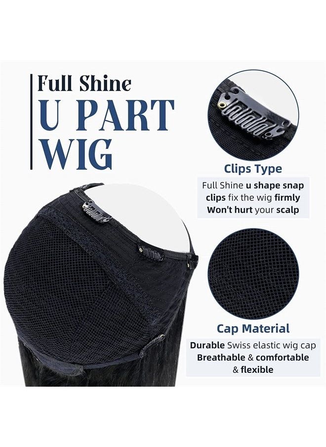 Full Shine U Part Human Hair Wig Natural Hair Half Wig Straight Human Hair Jet Black U Part Wigs Human Hair Remy Straight 150Grams 20Inch  - Image 3