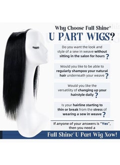 Full Shine U Part Human Hair Wig Natural Hair Half Wig Straight Human Hair Jet Black U Part Wigs Human Hair Remy Straight 150Grams 20Inch  - Image 2