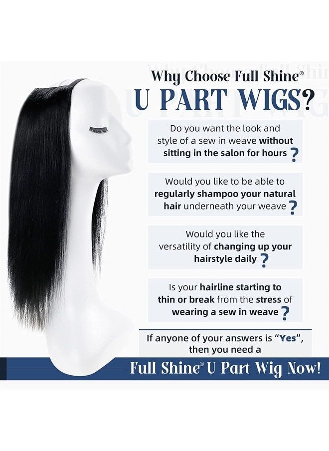 Full Shine U Part Human Hair Wig Natural Hair Half Wig Straight Human Hair Jet Black U Part Wigs Human Hair Remy Straight 150Grams 20Inch  - Image 2