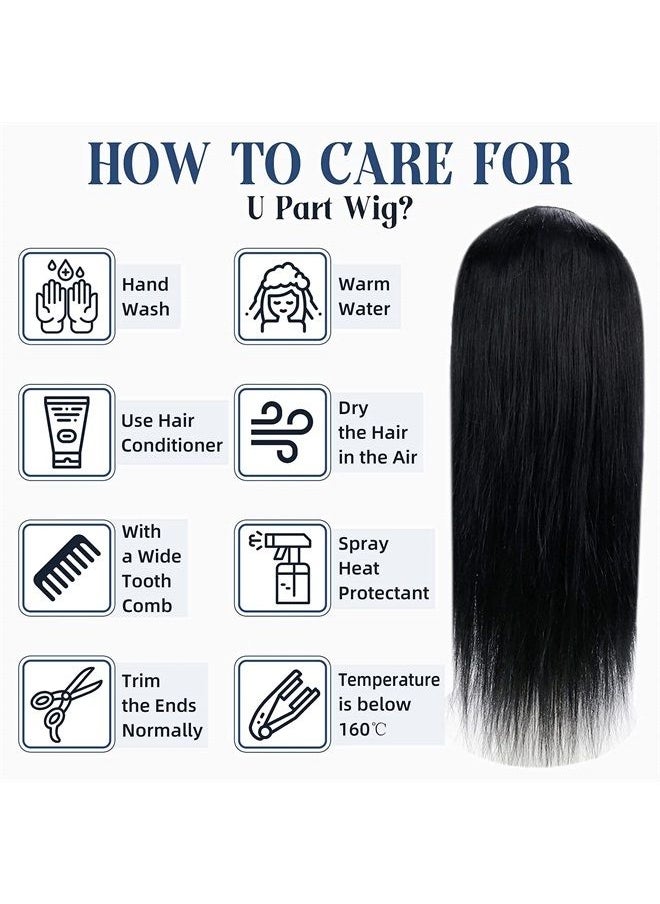 Full Shine U Part Human Hair Wig Natural Hair Half Wig Straight Human Hair Jet Black U Part Wigs Human Hair Remy Straight 150Grams 20Inch  - Image 5