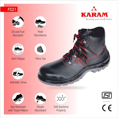 KARAM FS21 Black Leather Safety Shoes for Men | Double Density with Fiber Toe | Antistatic, Antislip, Oil & Heat Resistant | Size-13 - Image 3