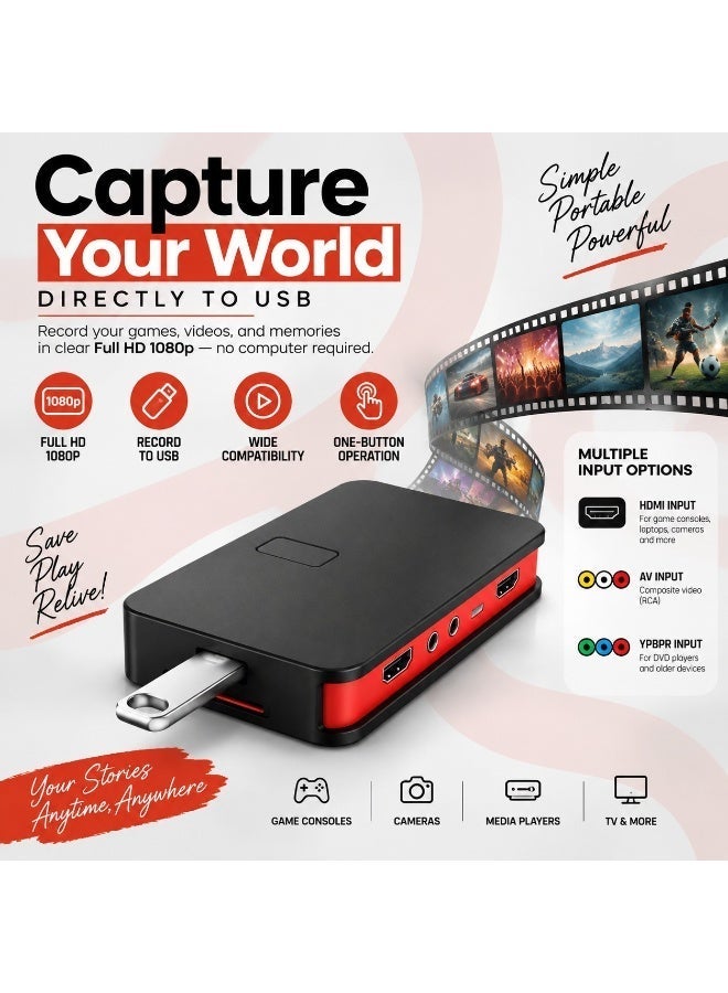 1080P HD video capture device with HDMI, AV, and YPbPr inputs, and direct USB recording without a computer for games and cameras. - Image 1