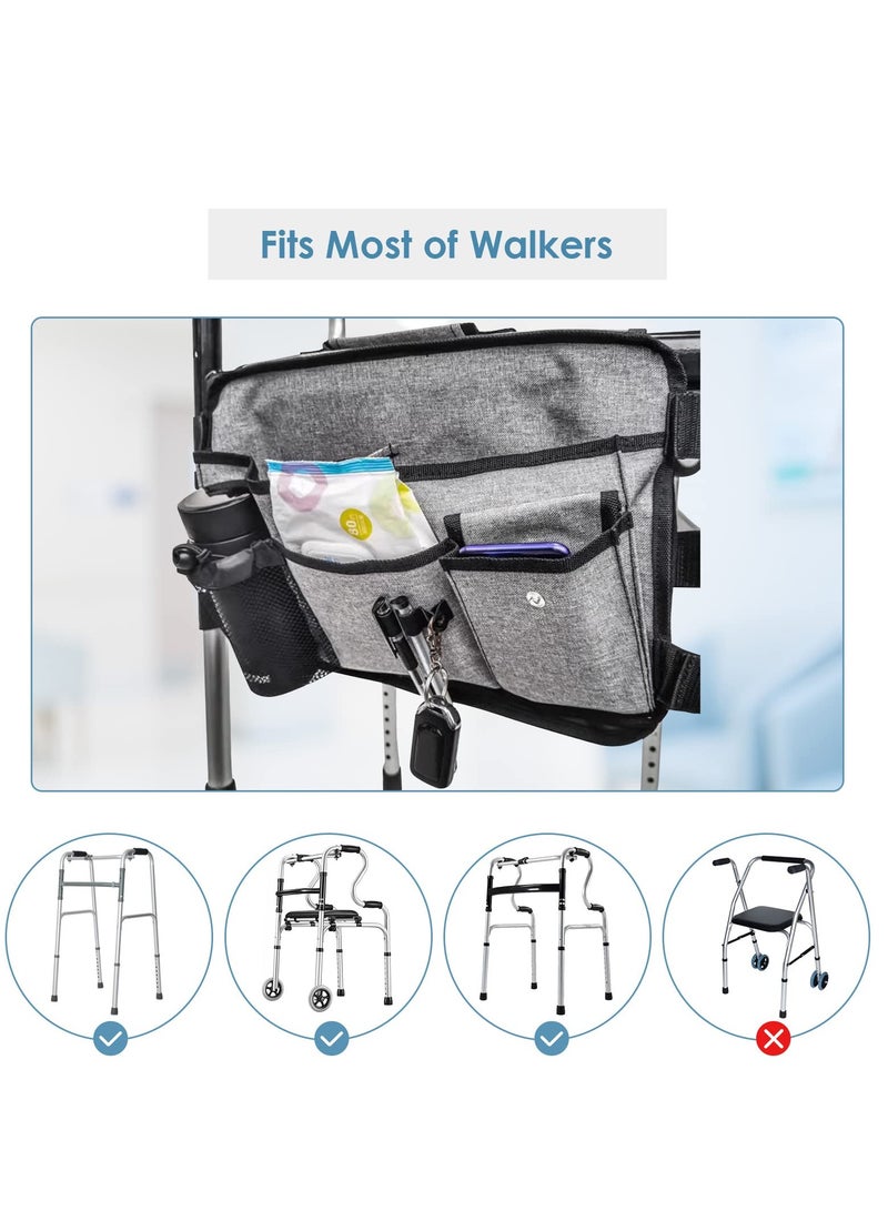 SYOSI Double Sided Walker Bag Waterproof Wheelchair Side Organizer Pouch Tote Walker Storage Bag with Cup Holder Walker Pouch Tote for Rollator and Folding Walker Great Gift for Older Family Gray  - Image 3