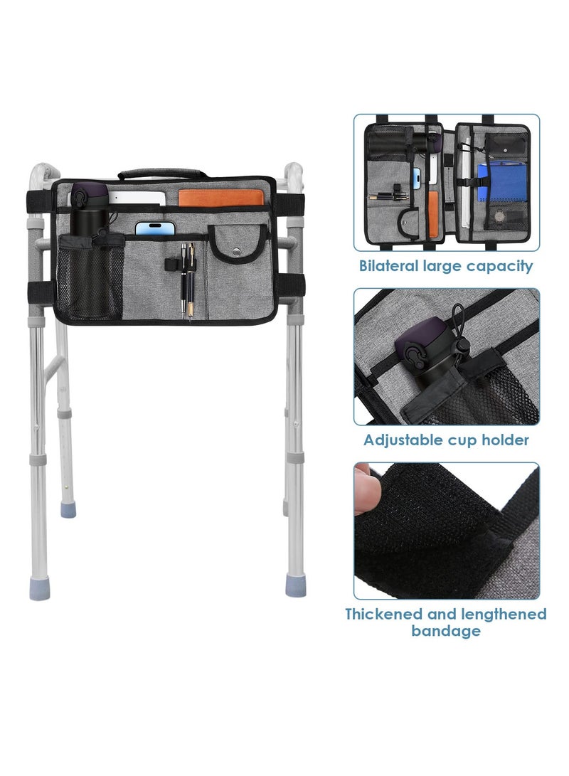 SYOSI Double Sided Walker Bag Waterproof Wheelchair Side Organizer Pouch Tote Walker Storage Bag with Cup Holder Walker Pouch Tote for Rollator and Folding Walker Great Gift for Older Family Gray  - Image 2