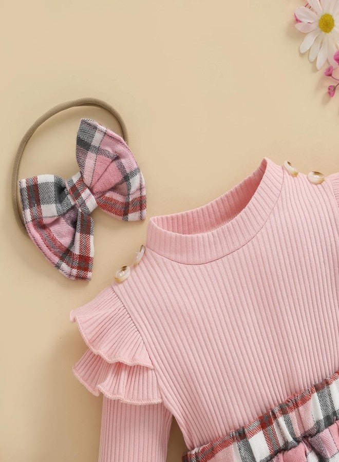 FOMOYUU Infant Baby Girl Fall Winter Outfits Long Sleeve Plaid Skirt Romper Dress Headband Socks Set Fashion Clothes (Pink, 0-3 Months) - Image 5