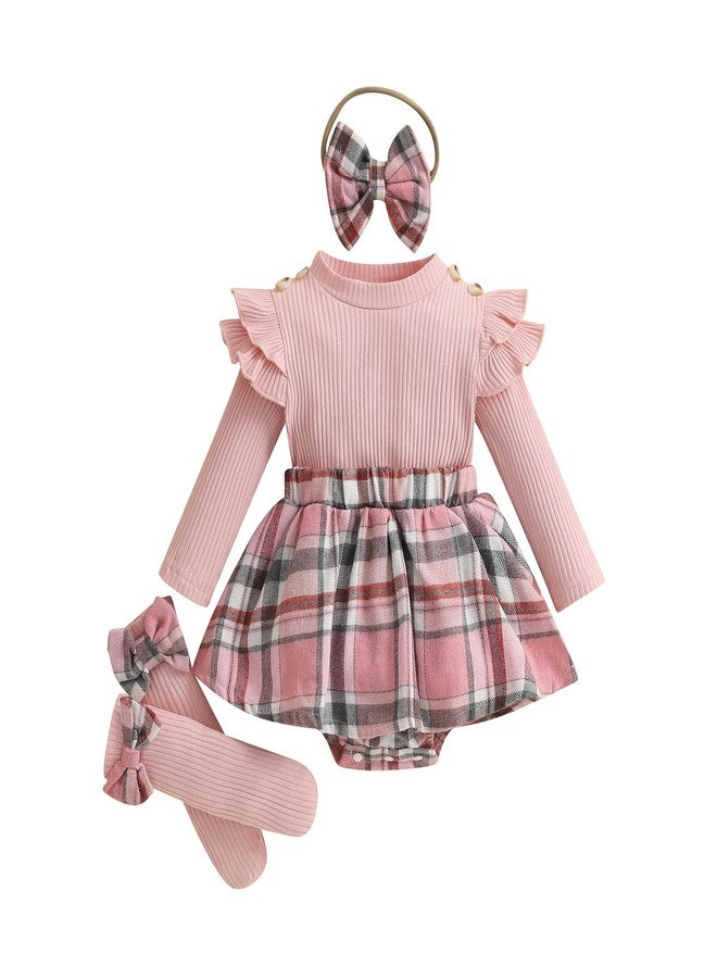 FOMOYUU Infant Baby Girl Fall Winter Outfits Long Sleeve Plaid Skirt Romper Dress Headband Socks Set Fashion Clothes (Pink, 0-3 Months) - Image 1
