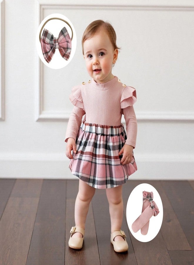 FOMOYUU Infant Baby Girl Fall Winter Outfits Long Sleeve Plaid Skirt Romper Dress Headband Socks Set Fashion Clothes (Pink, 0-3 Months) - Image 3