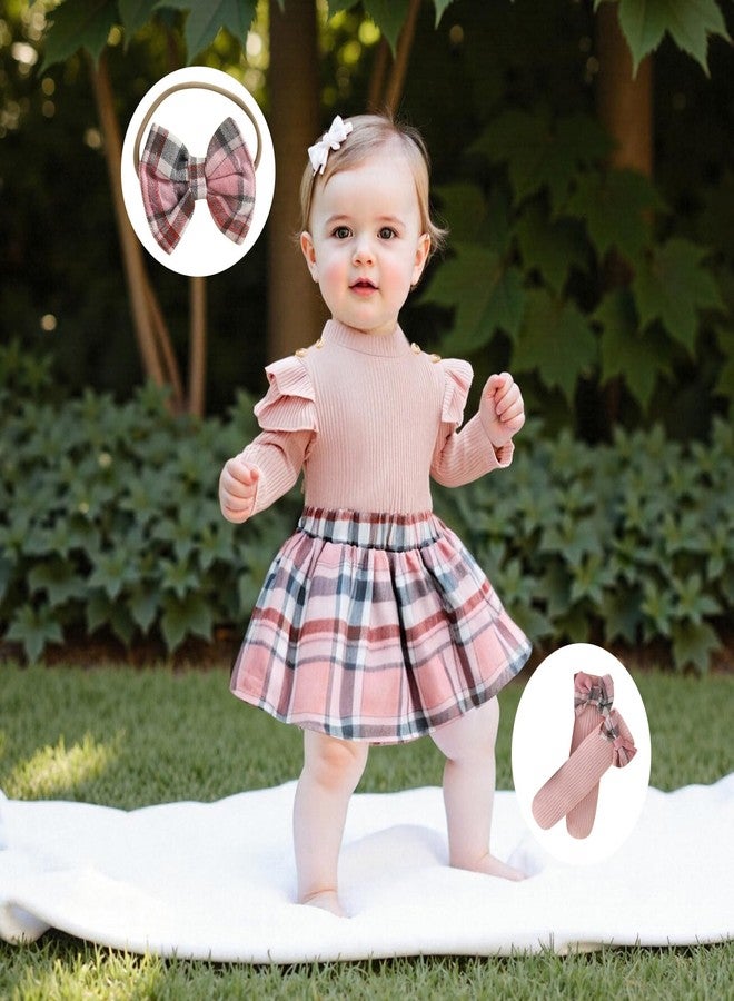 FOMOYUU Infant Baby Girl Fall Winter Outfits Long Sleeve Plaid Skirt Romper Dress Headband Socks Set Fashion Clothes (Pink, 0-3 Months) - Image 2