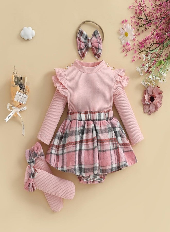 FOMOYUU Infant Baby Girl Fall Winter Outfits Long Sleeve Plaid Skirt Romper Dress Headband Socks Set Fashion Clothes (Pink, 0-3 Months) - Image 4