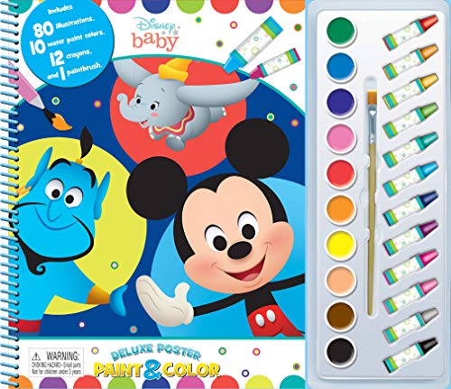 PHIDAL Disney Baby Deluxe Poster Paint & Color - Coloring Book for kids, 80 illustrations, 10 watercolor paints, 12 crayons, 1 paint brush - Image 1