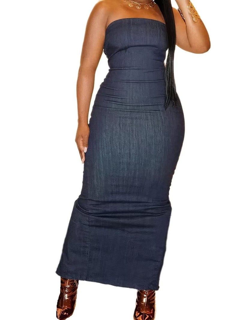 Flamingals Sexy Off Shoulder Sleeveless Maxi Dress for Women Zip Back Split Hem Party Long Dress Dark Blue S - Image 1